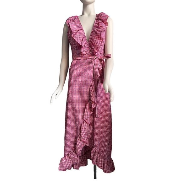 MISA Los Angeles Stella Gingham-Print Draped Ruffle Midi Wrap Dress Pink - Picture 6 of 16